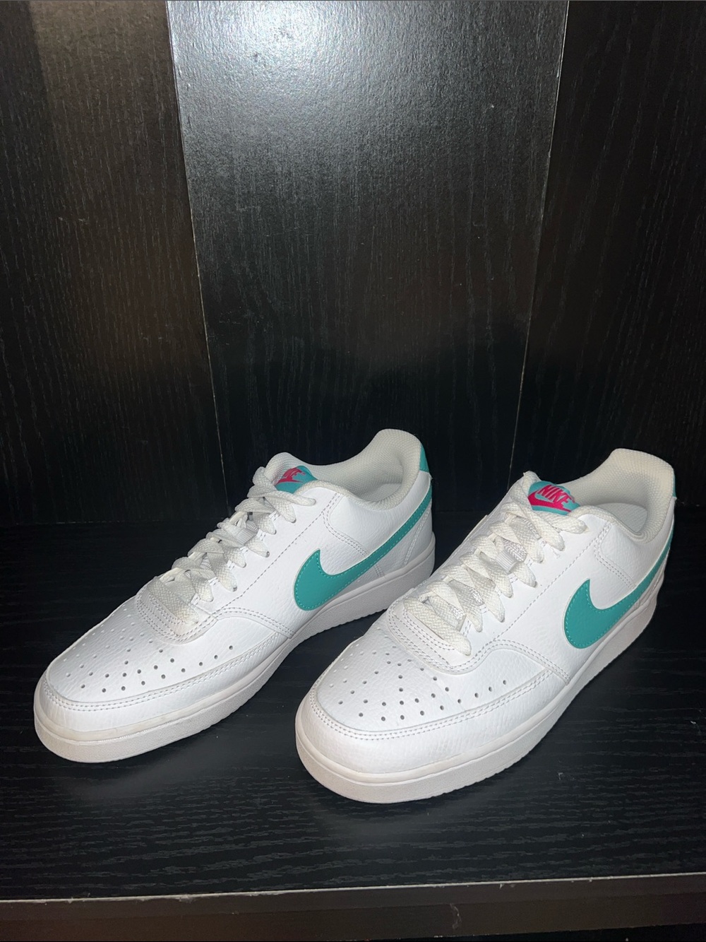 Nike White Sneakers with Teal Swoosh and Pink Tongue Logo